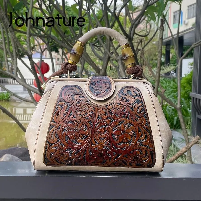 Johnature Luxury Handbag 2024 Autumn New Vintage Handmade Leather Carved Women Bag Versatile Female Shoulder & Crossbody Bags