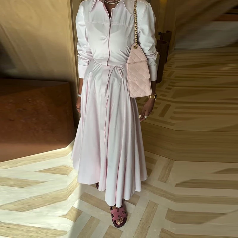

Элегантная рубашка на пуговицах с лацканами и длинная юбка, костюм из 2 предметов, женская повседневная розовая юбка с длинными рукавами, модный темпераментный офисный комплект