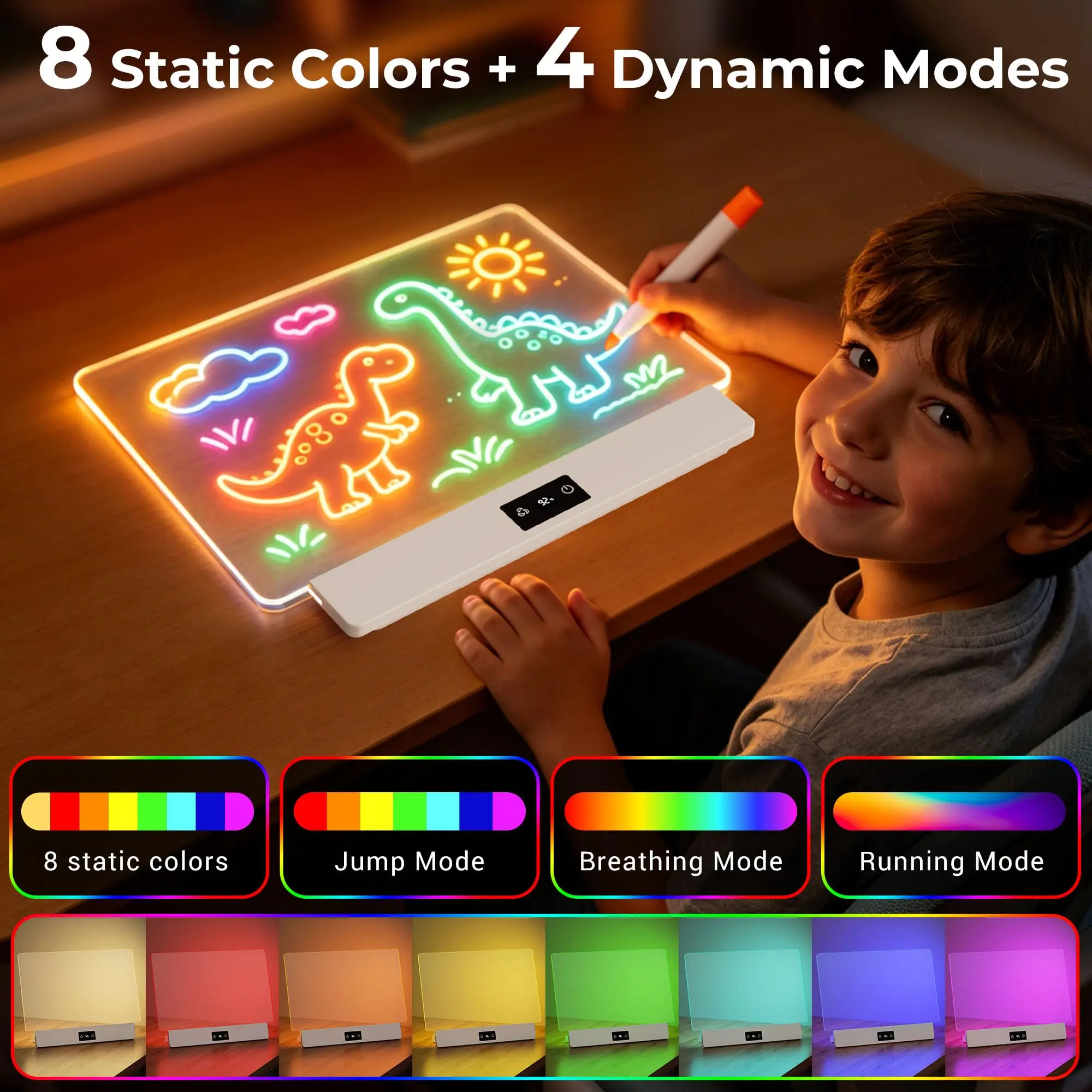 LED Drawing Board for Kids Birthday Gift for Girls, 8 Colors 3 Dynamic Modes, Rechargeable 15H Battery Display