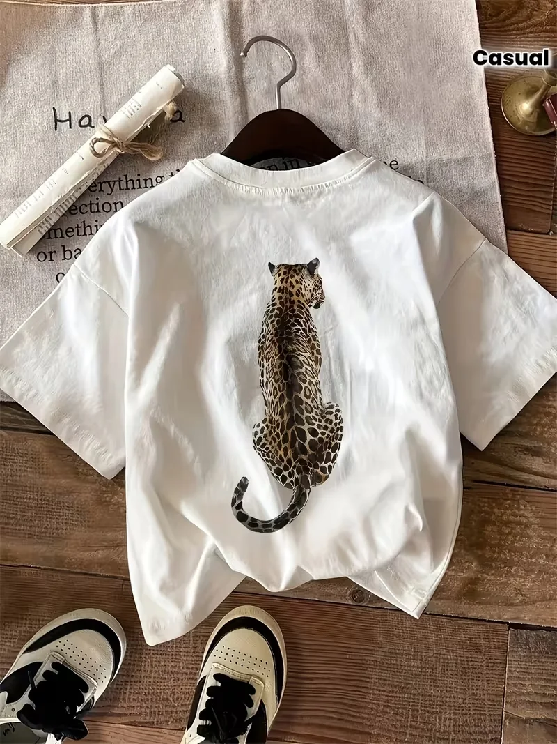 Camiseta de Manga Corta con Cuello Redondo y Estampado de Leopardo para Mujer, Estilo Deportivo Informal, Suave, Transpirable, Ligera y Ecológica