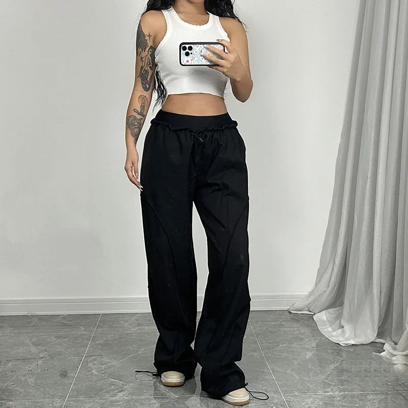 Street Style Line Stitching Design Hot Girl Dance Sweatpants Elastic Waist Versatile Cuffed Jogger Wide Leg Casual Pants