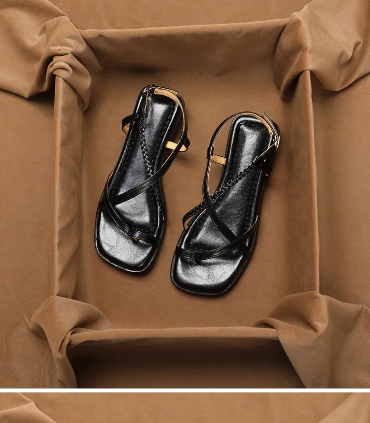 SHOEBOX Thin strap toe Roman sandals for women 2026 summer vintage leather clip toe low thick heel sandals