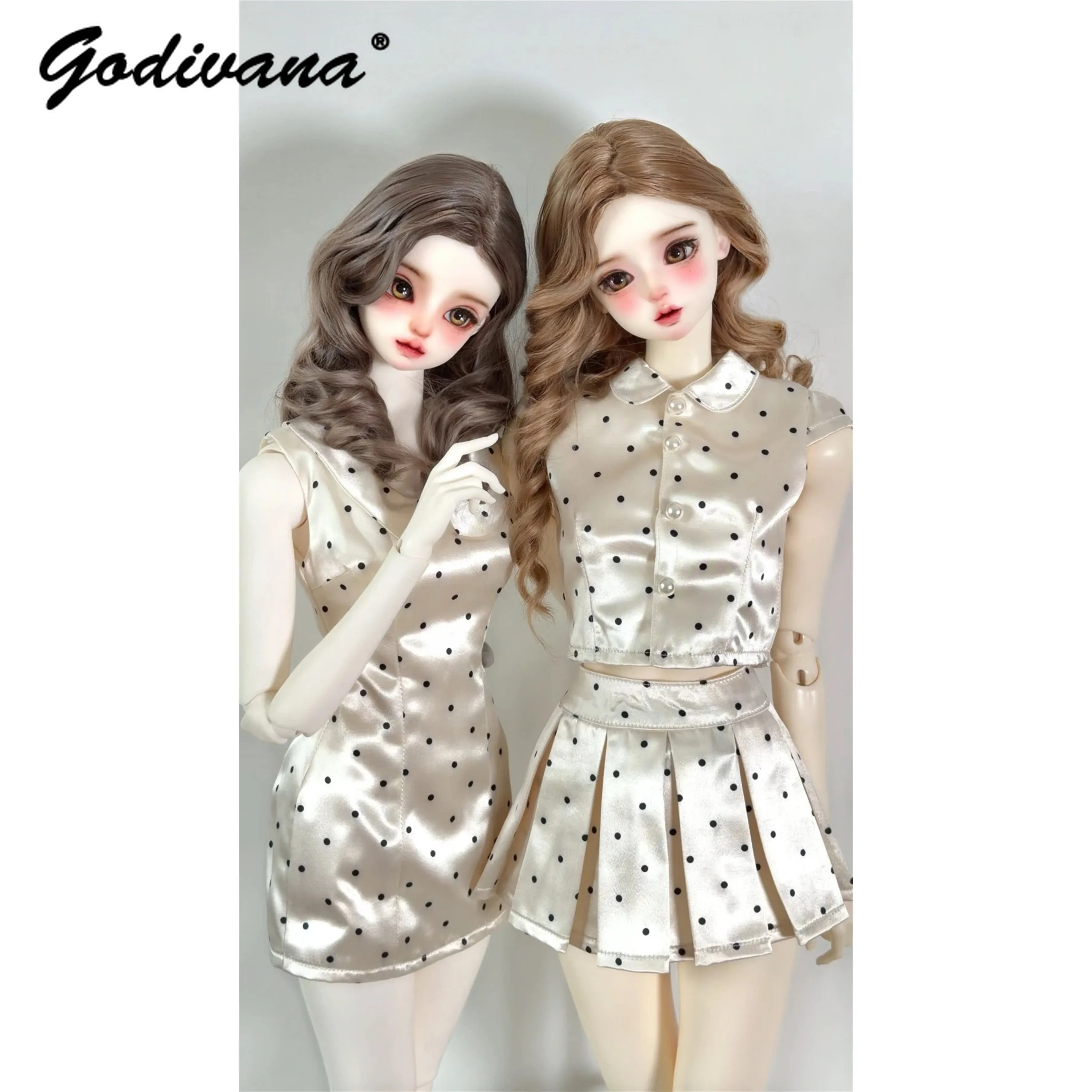 1/3 BJD Doll Preppy Style Outfit Retro College Look Multiple‑styles Satin Polka‑dot Plaid Dress Skirt Set for 1/3 BJD Clothes - view 4