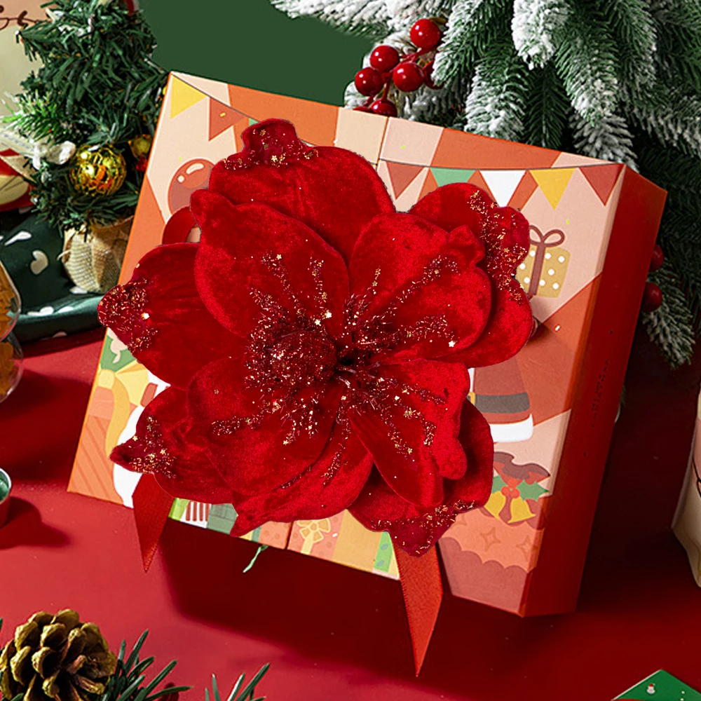 1/10pc Künstliche Glitter Weihnachten Blumen Roten Weihnachtsstern Weihnachten Baum Hängen Ornament Glitter Magnolia Gefälschte Blume Hochzeit Party – Detail 10