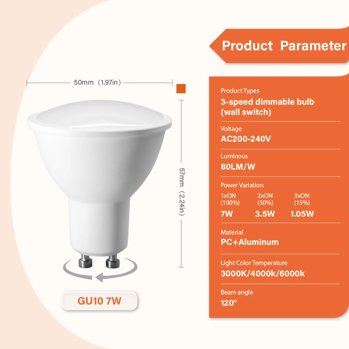 GU10 3‑Way LED Spot Bulb, Wall On‑Off Switch Controlled Dimmable, 100% 50% 15% Brightness Setting 220V for Floor Bedside Lamps