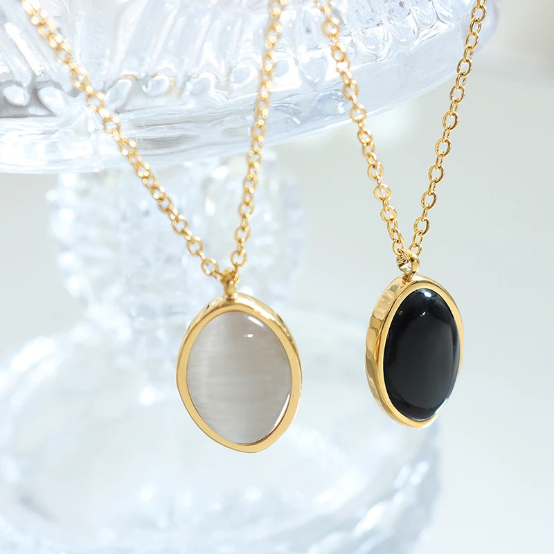 Opal Necklace Simple Vintage 316L Stainless Steel Neck Chain For Women Black White Pendant Necklaces Party Jewelry Wholesale