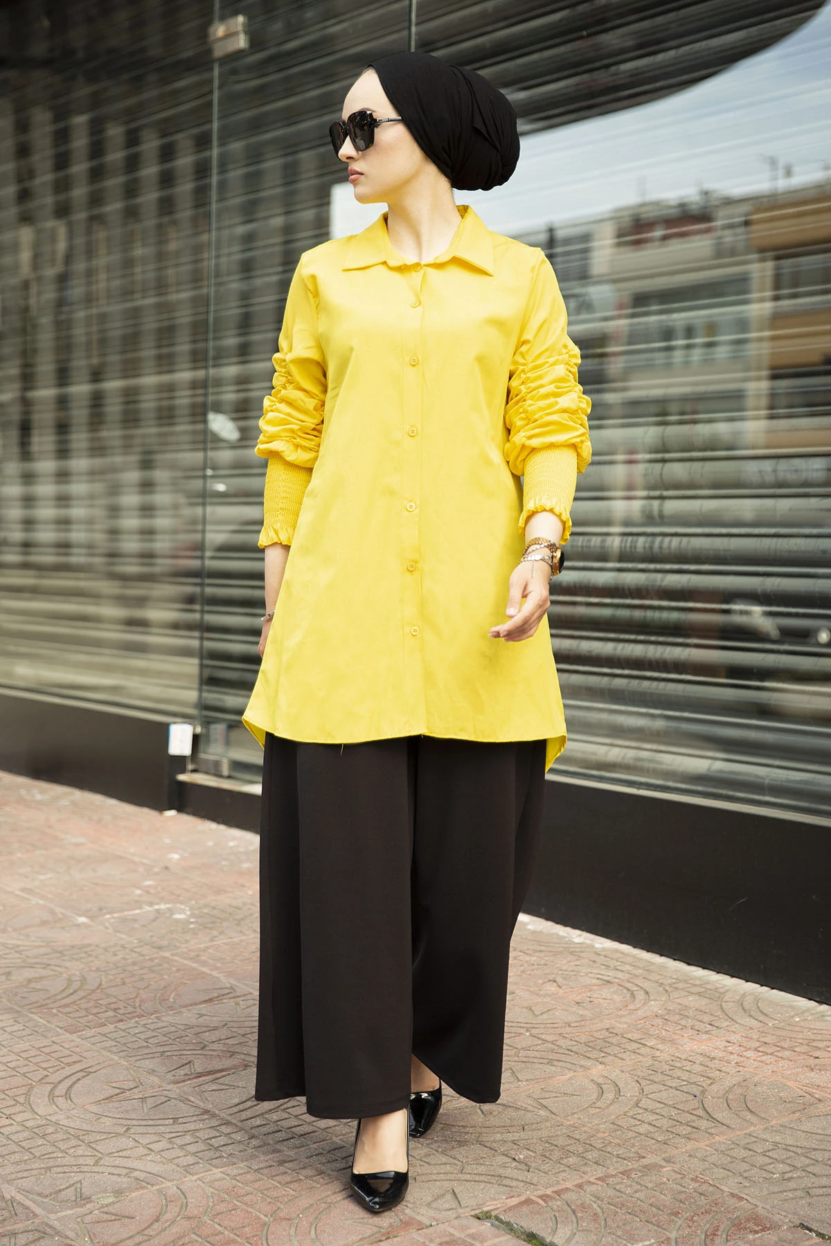 Sleeve Büzgülü Poplin Shirt TH-Yellow