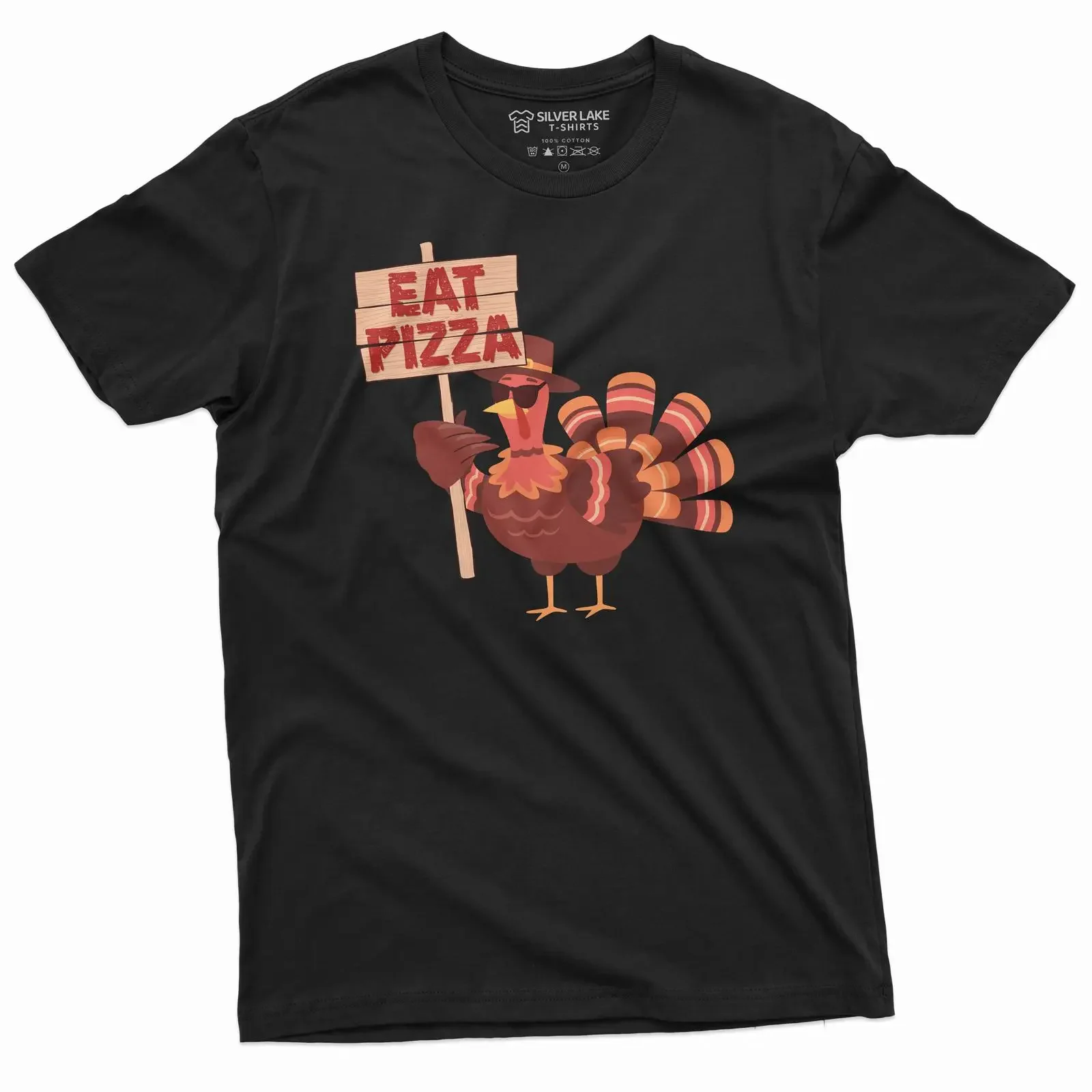 Funny Thanksgiving T shirt Turkey Protest Eat Pizza Humorous Holidays vintage Washed Top For Everyday Wear Comfortable Unisex