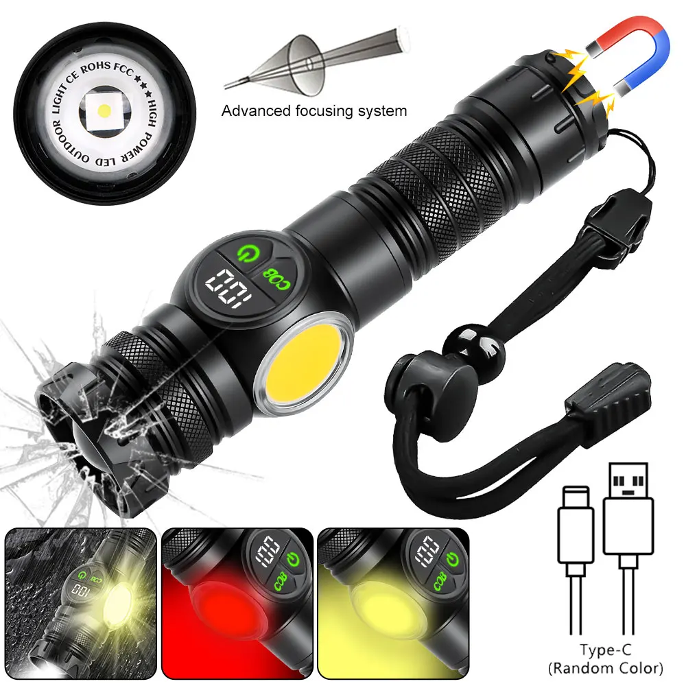 LED+COB Super Bright Flashlight Outdoor Rechargeable Zoom Lantern Emergency High Strong Power LED Flashlights For Camping Hiking