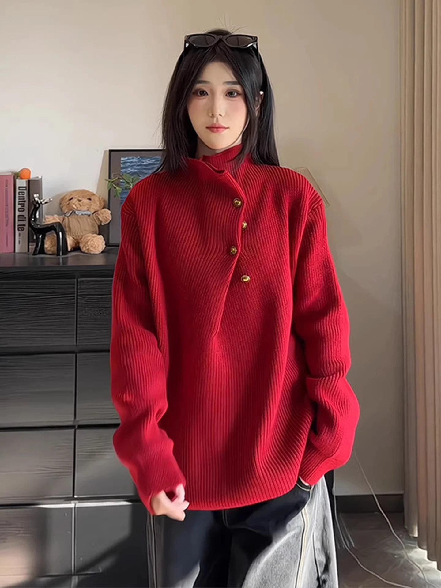 

Red High Collar Thiened Knitted Sweater Asymmetrical Design for Men And Women Autumn Winter Faion Casual Sle Regular Fit