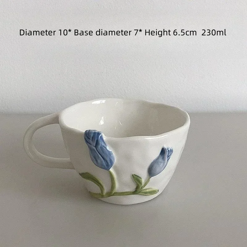 Tridimensional gravado caneca cerâmica, Padrão tulipa com alça, Copo de leite, Placa do bolo, Acessório Home Kitchen