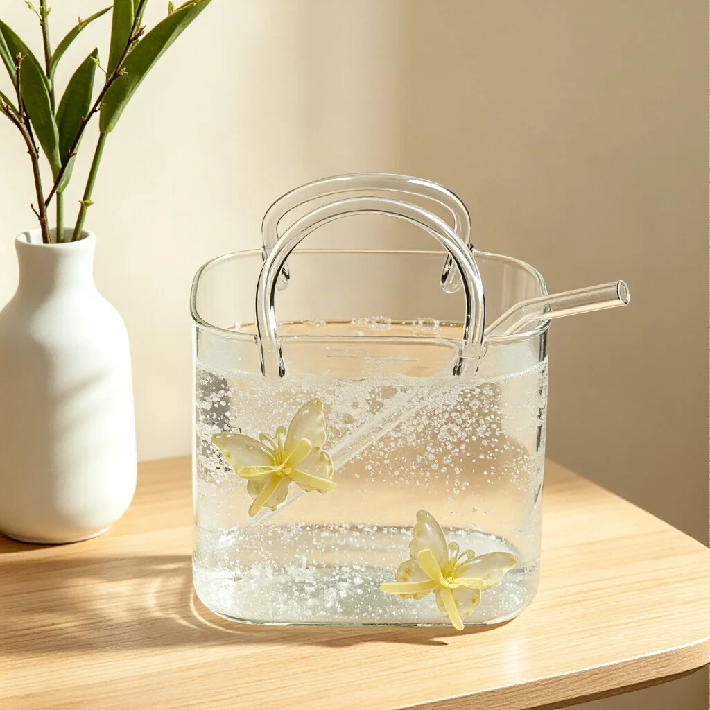 Novelty Handbag-Shaped Transparent Drinkware for Juice, Tea, Flower Arranging, Home Bar Decoration Vase Glass Purse for Drinks