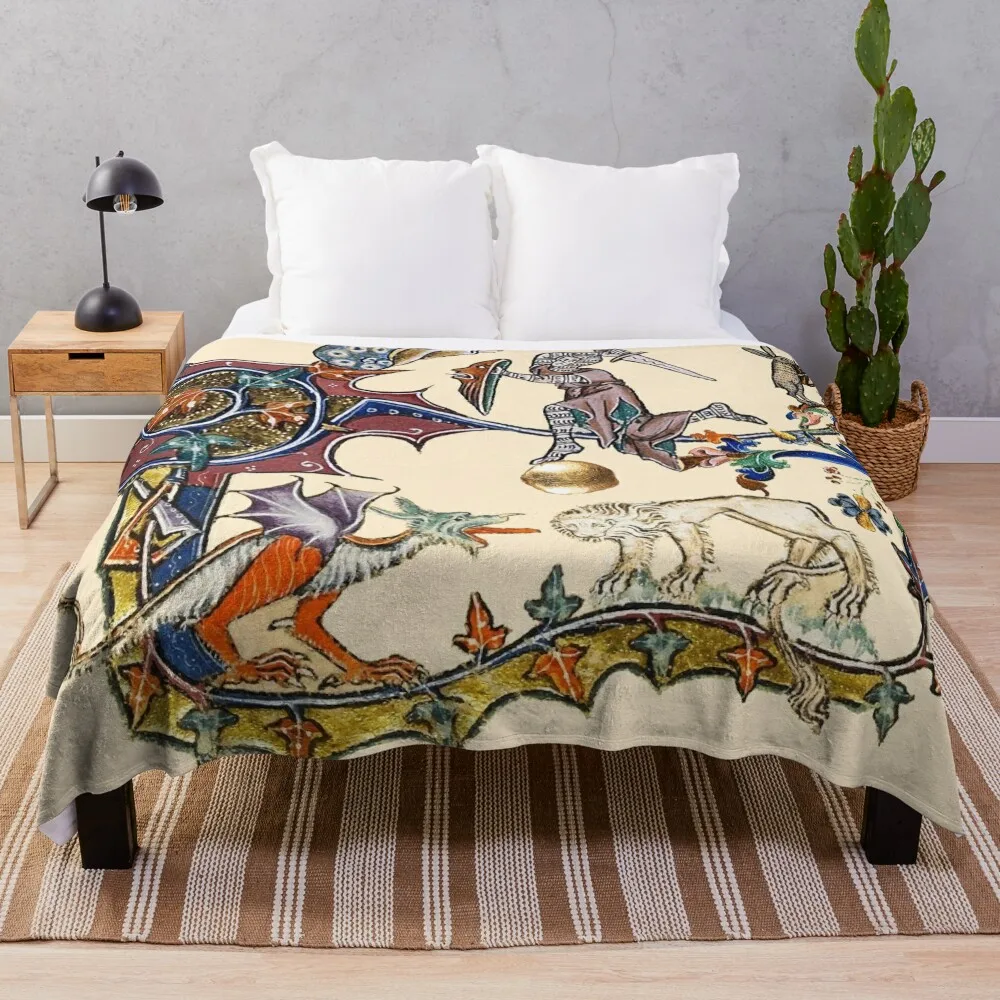 

WEIRD BESTIARY,MEDIEVAL KNIGHT FIGHTING SNAIL,DRAGON AND LION by Bulgan Lumini Throw Blanket Beautifuls Stuffeds Blankets