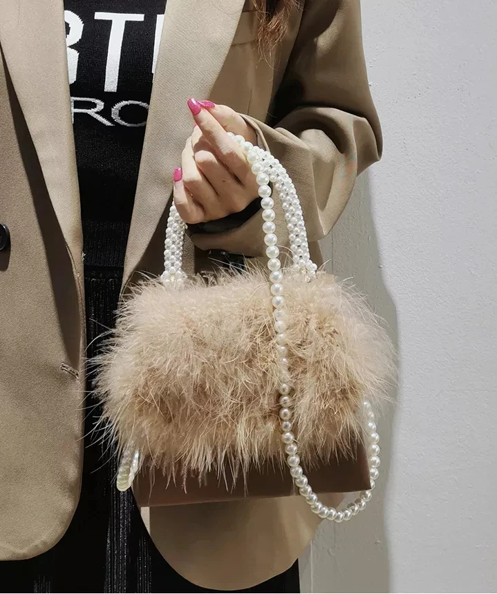 Autumn Winter Ostrich Feather Leather Square Bag Women Pearl Beaded Handheld Handbag Evening Bag Dinner Party Purse Shoulder Bag