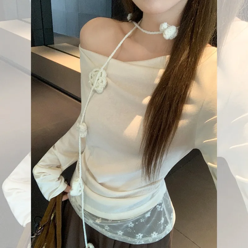 

Inner Base Solid Color Swinging Neck Lace Pleated Off-the-shoulder Flower Long-sleeved T-shirt Slim-fitting Top Women's Clothing