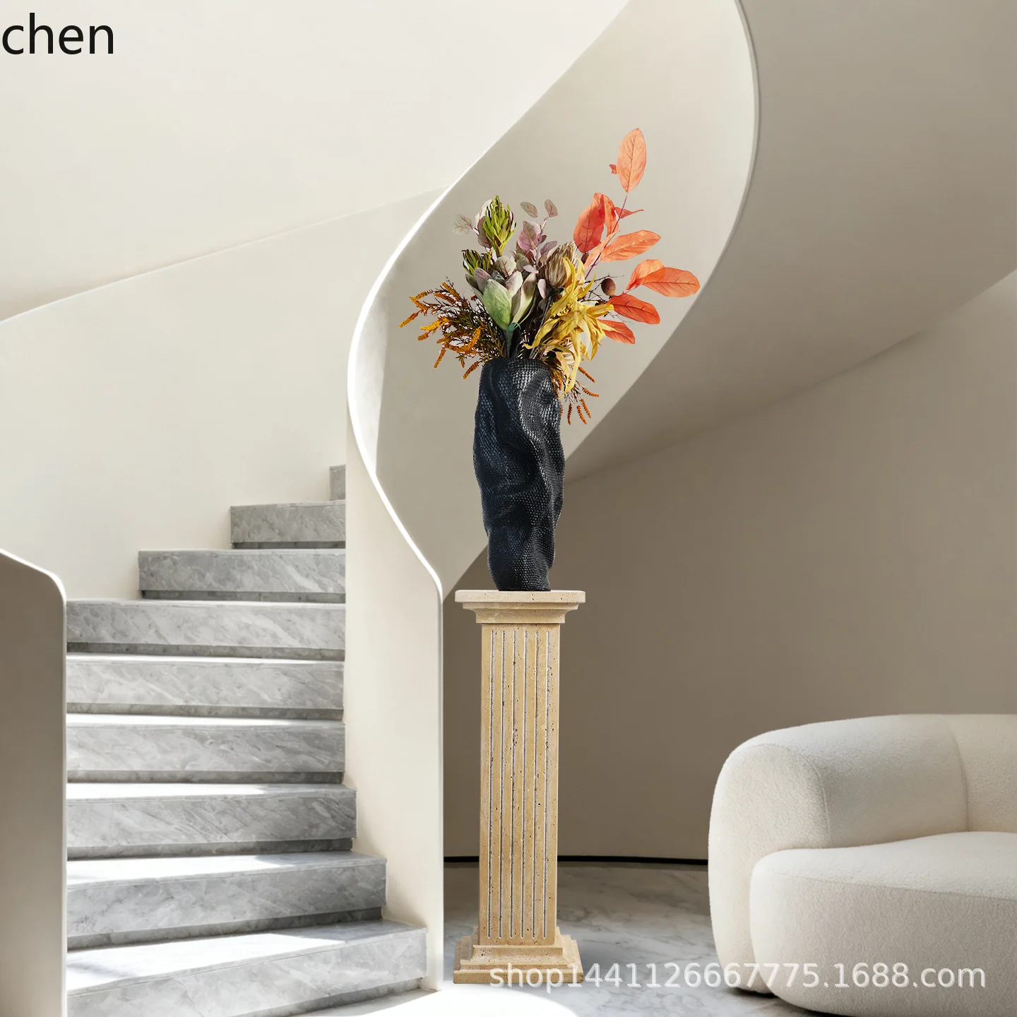 PYH Natural Yellow Travertine Retro Roman Column Display Living Room Sculpture Decoration Floor Sculpture Base