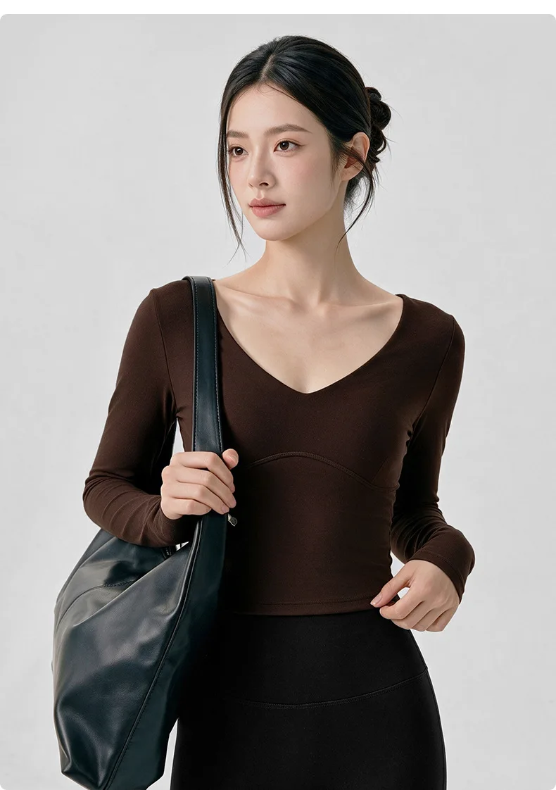 Long Sleeved Women's Fixed Cup Sexy Hollow Back Sports T-shirt High-end Fitness Suit Pilates Top