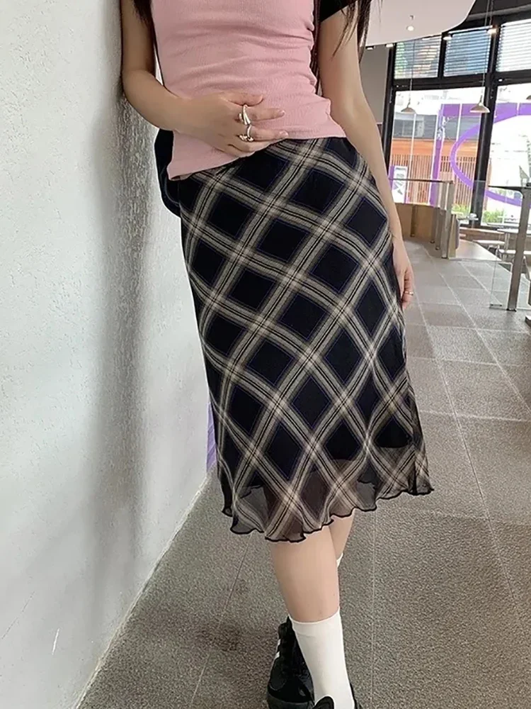 

HOUZHOU Y2k Vintage Plaid Skirt Women Summer 2024 Korean Style Casual Mesh Print High Waist Slim Midi Skirt Girl 90s Streetwear