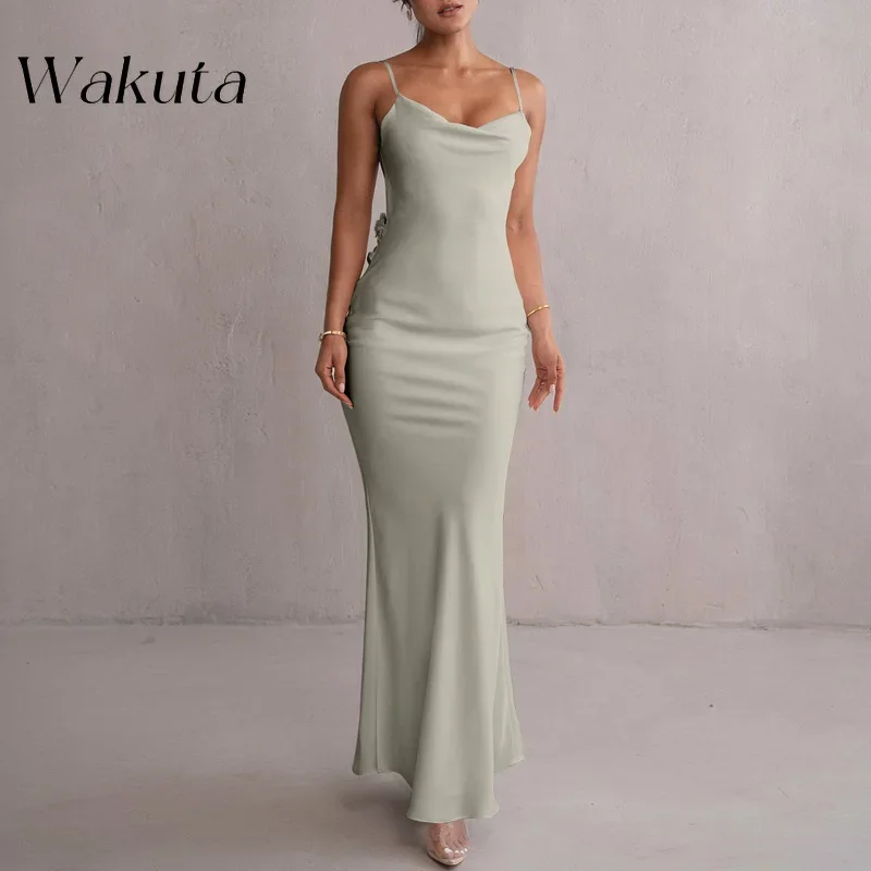 Wakuta Elegant U-neck Spaghetti Strap Satin Cocktail Gowns 3D Floral Decoration Backless Vestido Elegante Mujer فساتين السهرة