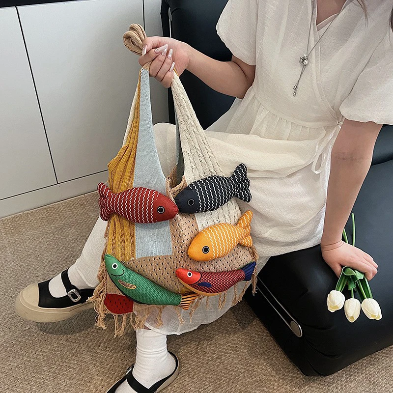 

Brand Designer Bag Handbag Chinese Style Fish Pattern Woven Bag Large Capacity Handbag Tassel Contrast Color Fish Shape Handbag