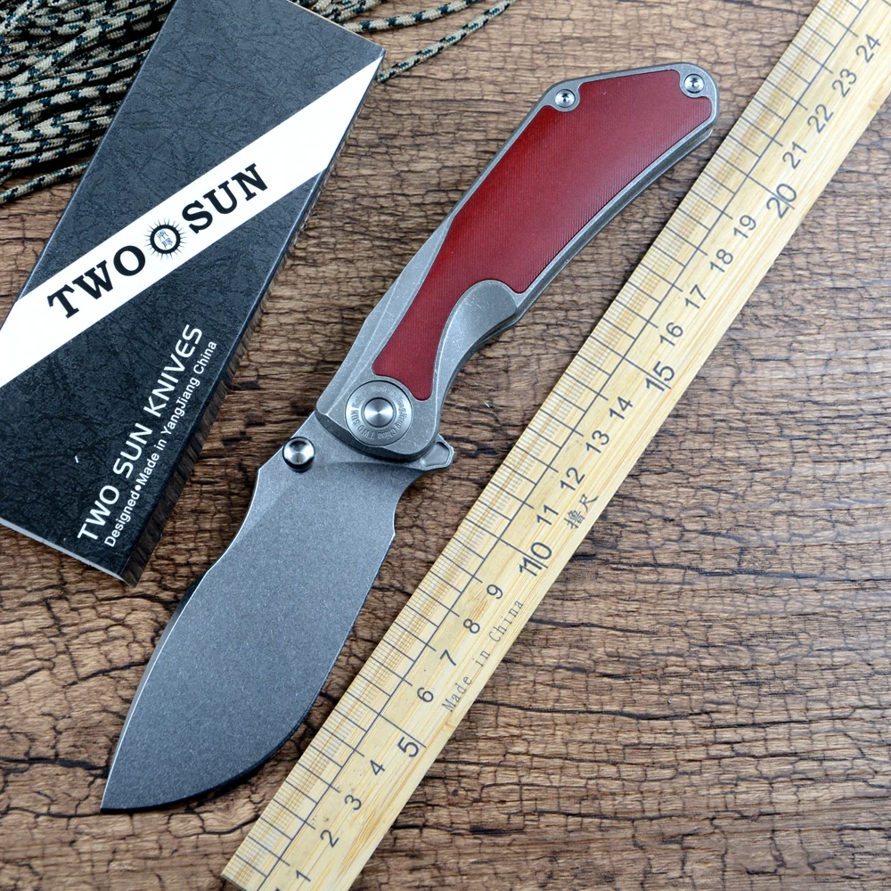 TWOSUN Knives D2 Stonewash Folding Blade TC4 Red G10 Handle EDC Outdoor Hunting Pocket Knife TS437