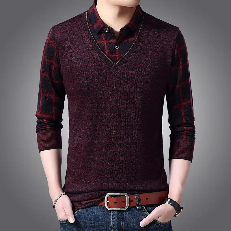 

Fashion Plaid Fake Two Piece Business Casual Tee Shirt Men's Clothing 2023 Winter New All-match Pullovers Loose England T-Shirt