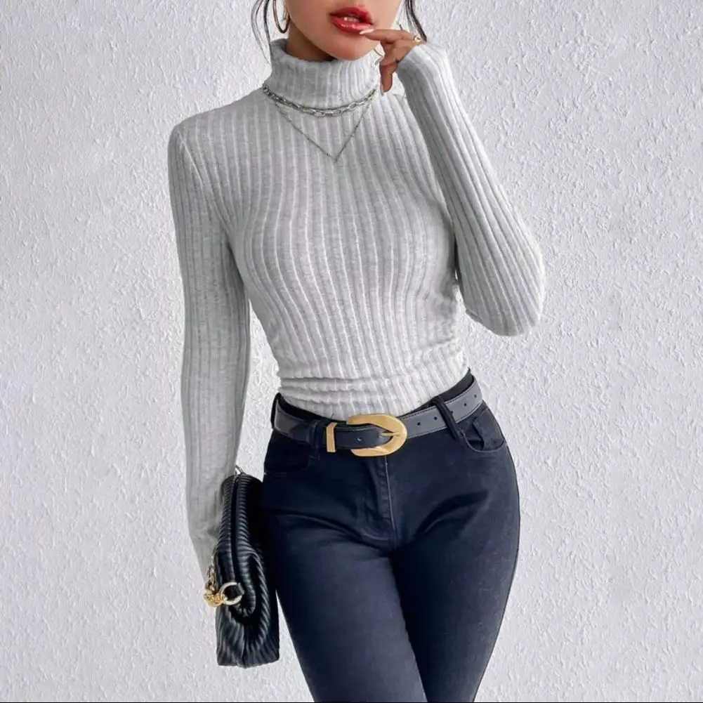 Женские вязаные топы на осень и зиму, сексуальная текстура в полоску, тонкая вязаная женская футболка с длинным рукавом, новые женские топы с высоким воротником 2025