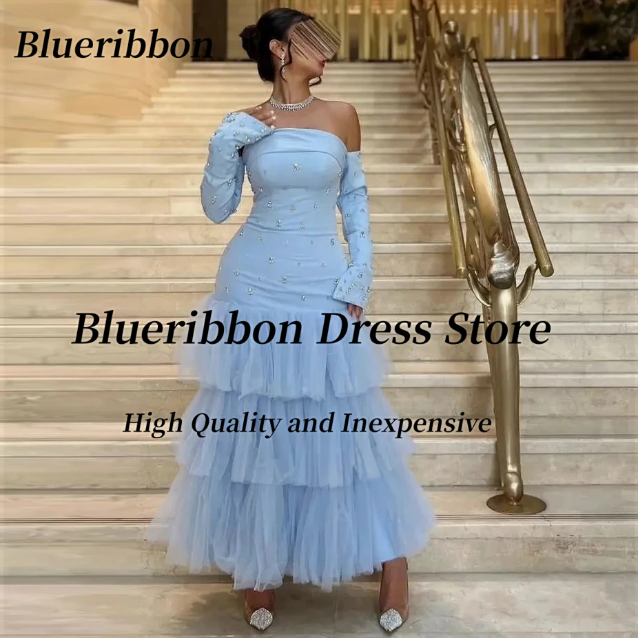 Blueribbon-vestidos de tul escalonados de sirena, vestidos de graduación sin tirantes de manga larga con cuentas de lujo para fiesta de cumpleaños, vestidos formales de Arabia Saudita