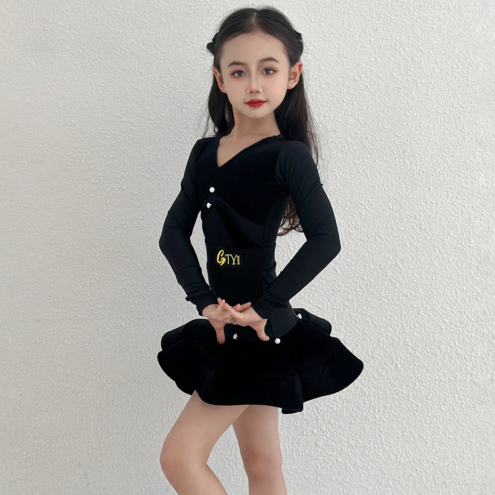 Novos trajes de meninas dança latina manga longa com decote em v divisão terno saia superior chacha samba dança prática desempenho vestindo dql12119