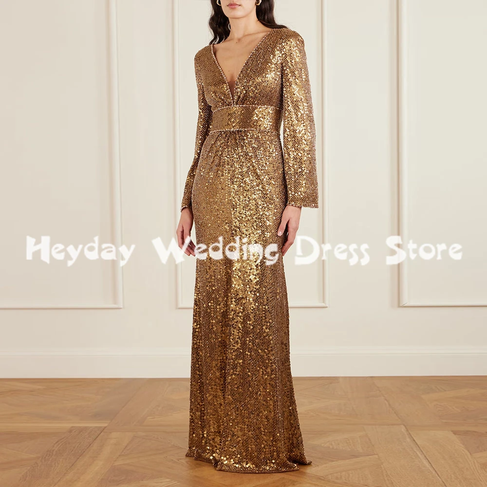 

Heyday женские вечерние платья русалки с v-образным вырезом и блестками по индивидуальному заказу и длинными рукавами длиной до пола, вечерние элегантные платья 2025