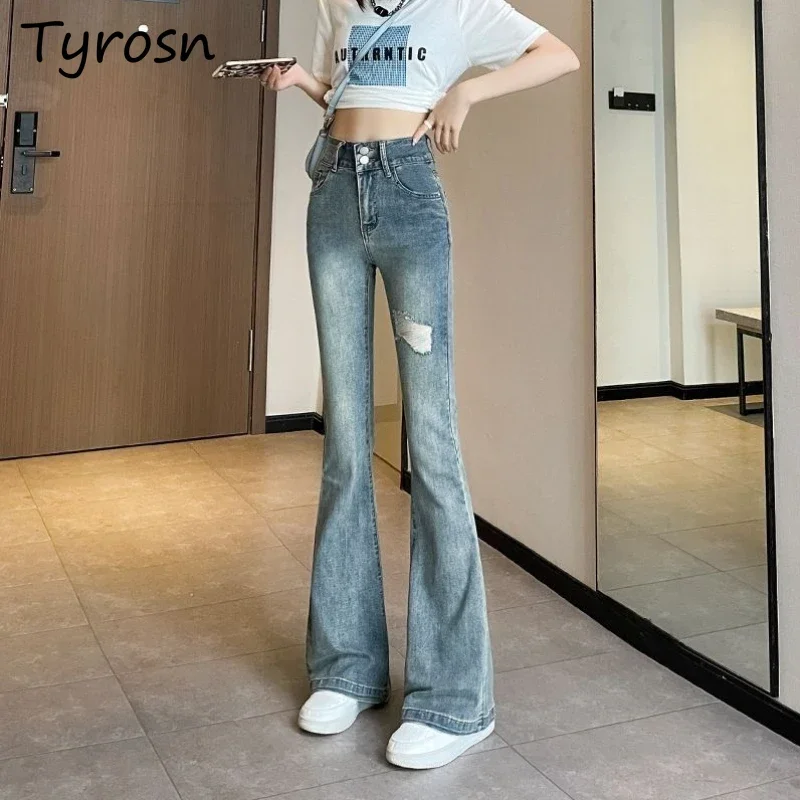 

Micro-flared Jeans Women Frayed Designed High Waist Slim New Summer Outerwear Thin Floor-length Versatile Denim Chic Trousers