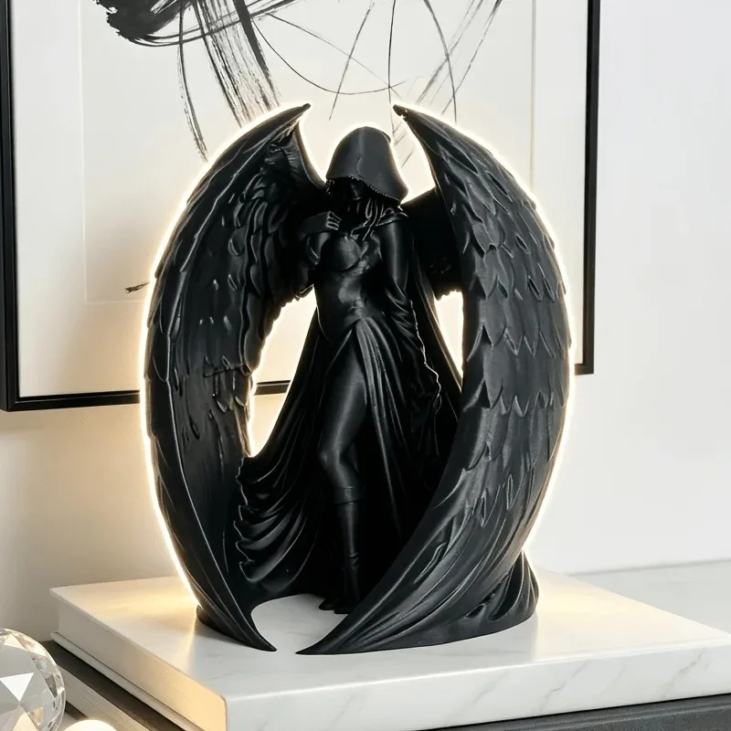 [Statue Decoration]Black Winged Hooded Lady Resin Statue Gothic Angel Woman Sculpture Dark Style Tabletop Figurine Decor