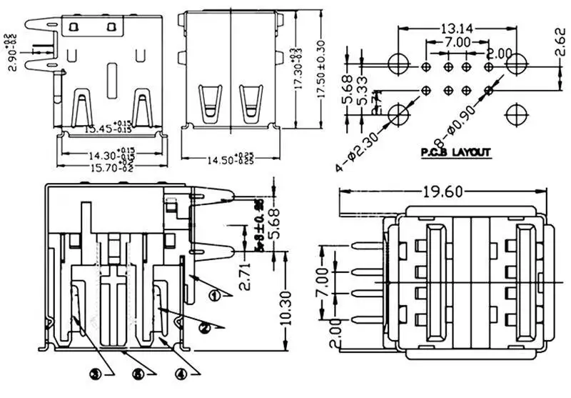 5 Stück USB-A-Buchse Typ A AF Dual-Layer-Schnittstelle USB-Buchse 2.0 Anschluss Vertikal Horizontal – Detail 2