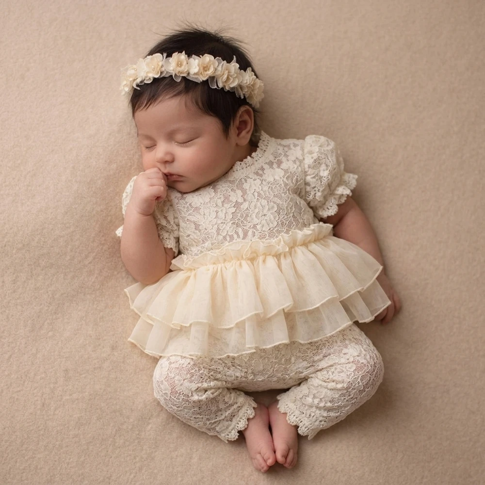 Newborn Photography Props Baby Girl Lace Romper Tiered Ruffle Jumpsuit Infant Photoshoot Outfit Studio Bebe Clothes Gown