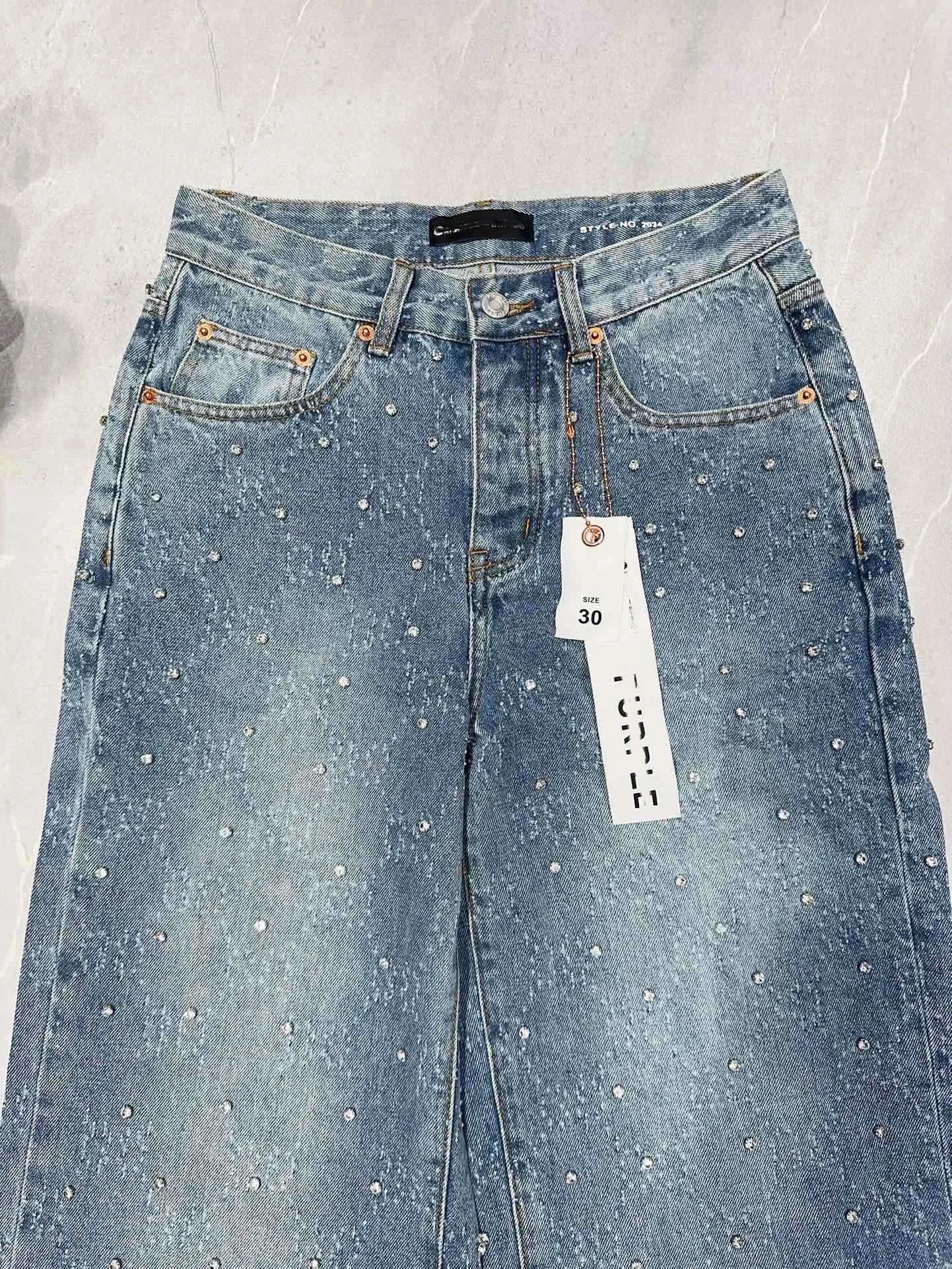 Heavy Weight Blue Diamonds Men's Baggy Pants American Streetwear Rhinestones Wide Leg Denim Jeans