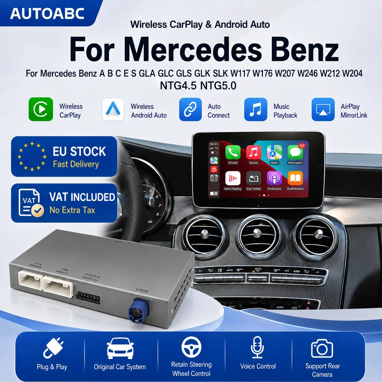 Module sans fil AUTOABC Models CarPlay Android Auto pour Mercedes Benz A B C E S GLA GLC GLS GLK SLK W117 W176 W207 W246 W212 W204 W218 NTG 4.0 NTG4.5 NTG5.0 Décodeur GPS BT pour voiture