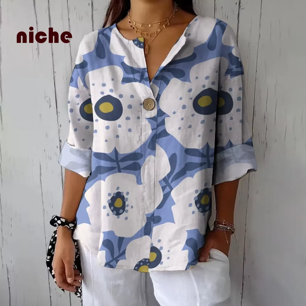 Camisa de linho algodão casual feminina, impressão simples com contraste, moda elegante, manga comprida, tecido de alta qualidade, designer, moda, novo