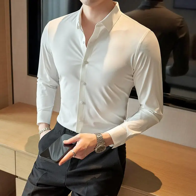 2023 New High Quality No Trace Ice Silk Long Sleeve Elastic Shirts Men Formal Business Slim Fit Solid Casual Shirt Tuxedo 4XL-M