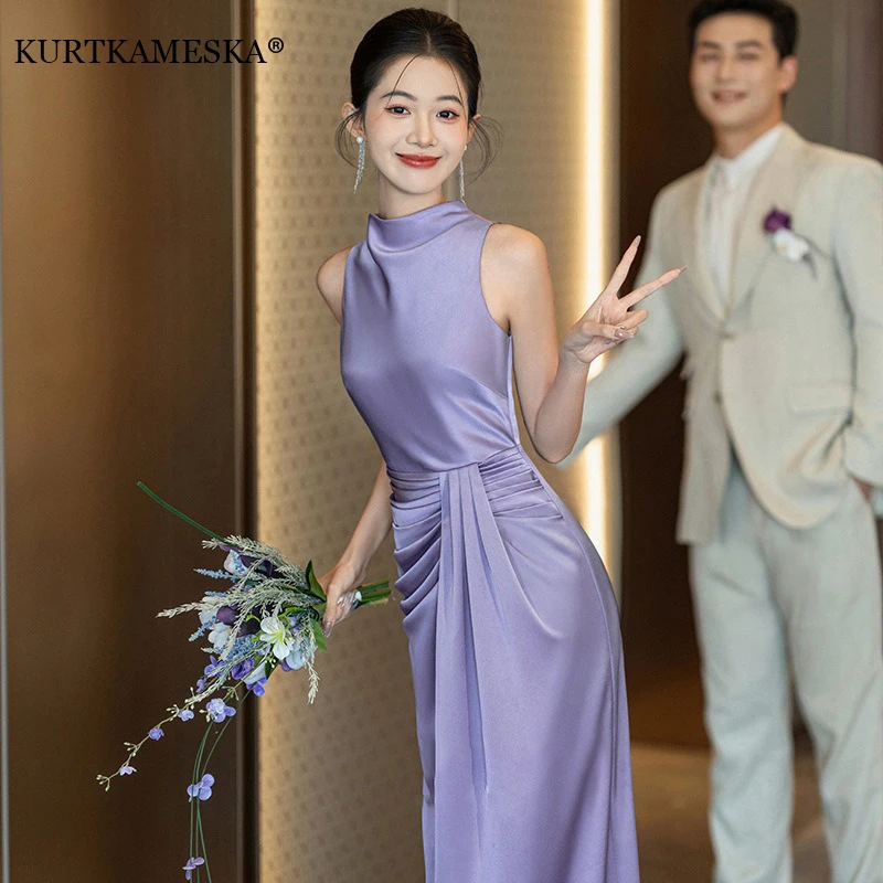 

Purple/Red Satin Ankle-Length Bridesmaid Dress High Neck Ruched Formal Wedding Guest Prom Cocktail Party Evening Gown Dresses