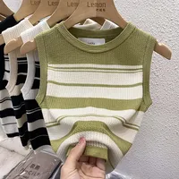 2025 Summer Sleeveless Slim Fit Crop Top Korea Style Striped knitted Camisole Vest New Women's Casual Crew Neck Tank Tops