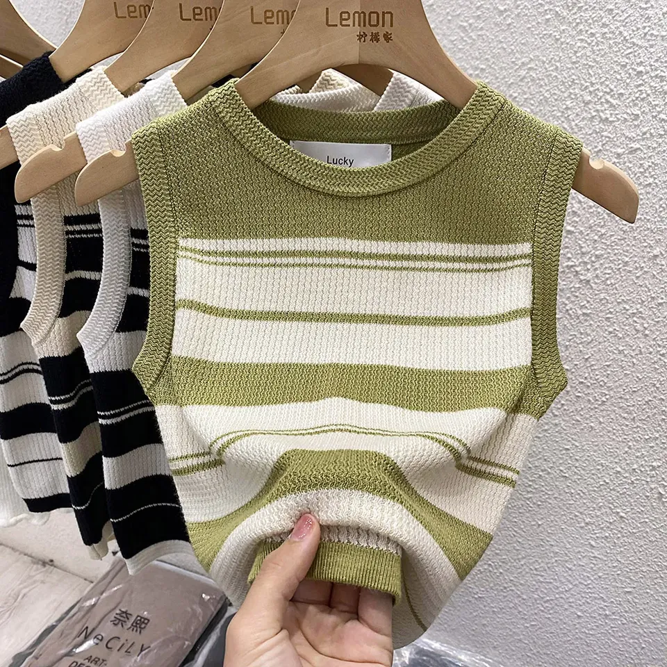 2025 Summer Sleeveless Slim Fit Crop Top Korea Style Striped knitted Camisole Vest New Women's Casual Crew Neck Tank Tops