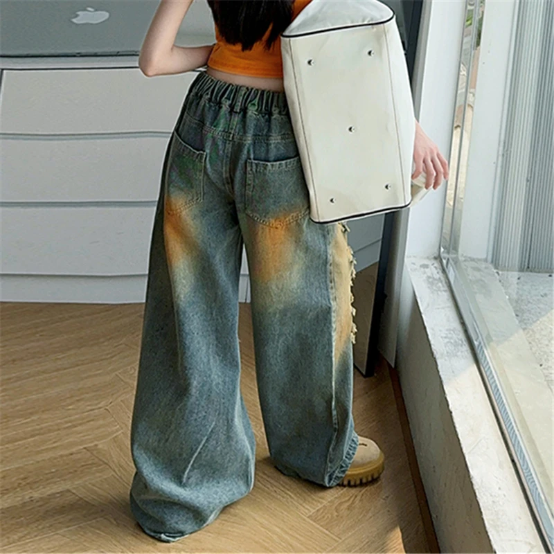 Child Vintage Heavy Broken Jeans with Hole for Kids Girls y2k Clothes Harajuku Hip Hop Washed Distressed Baggy Denim Pants 5-14Y