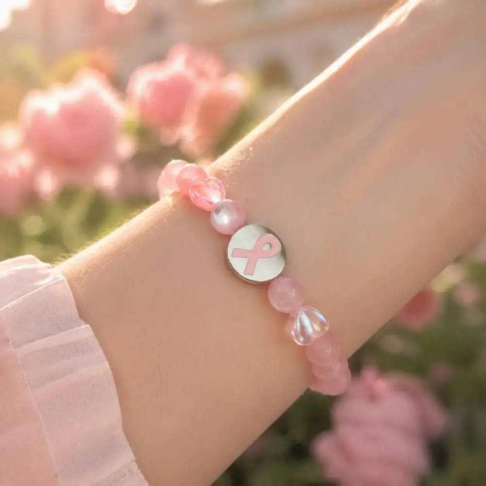 Breast Cancer Awareness Bracelets Ribbon Charm Beads Elastic Bracelet Encouragement Delicate Beaded Jewelry for Charity