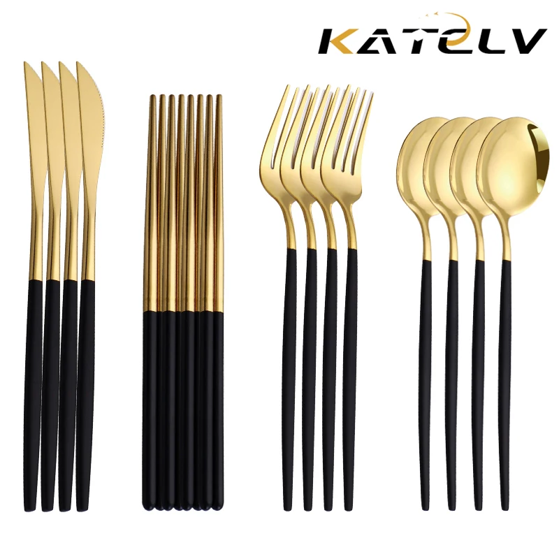 

12-16 Pcs Black Gold Cutlery Set Chopsticks Knife Fork Spoon Golden Stainless Steel Korean Dinnerware Set Luxury Tableware Set