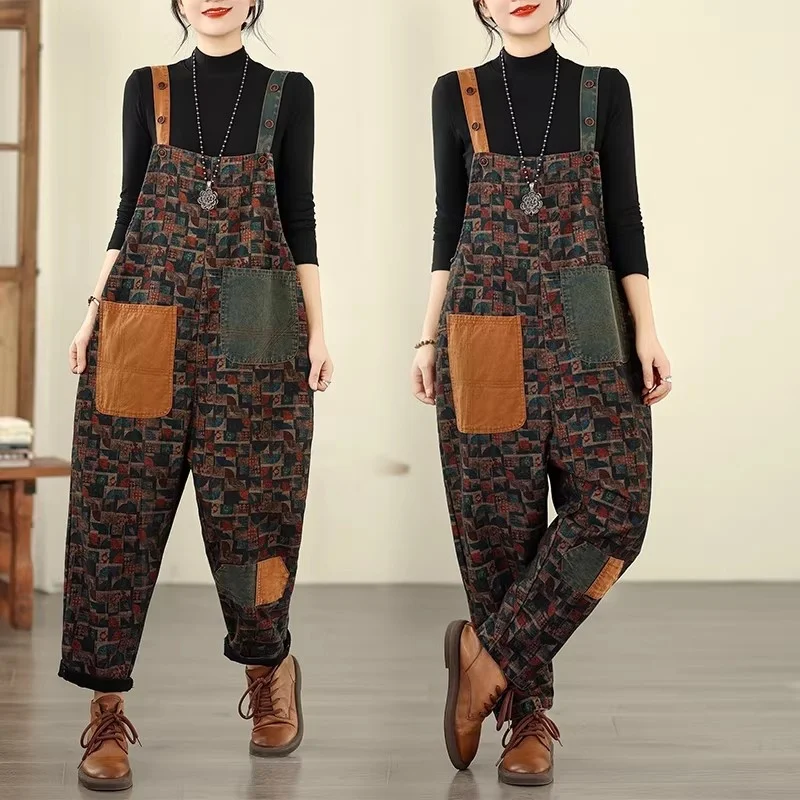 Salopette di jeans da donna di grandi dimensioni - Tuta dimagrante stampata alla moda, abbigliamento casual per tutte le stagioni W1936