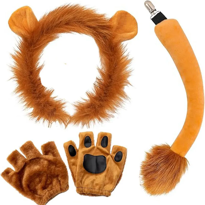 Lion Ears Headband and Tail Set Halloween Animal Cosplay Costume Accessories for Kids Adult