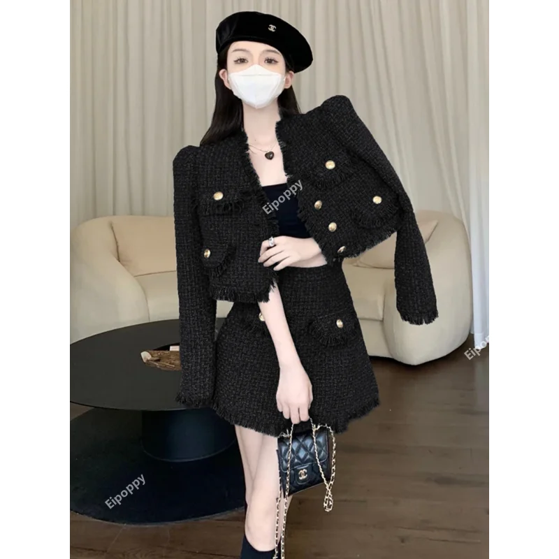 

2024 New Temperament Korean Fashion Small Fragrance Tweed Long Sleeve V Neck Jacket + High Waist A Line Skirt Two Piece Set