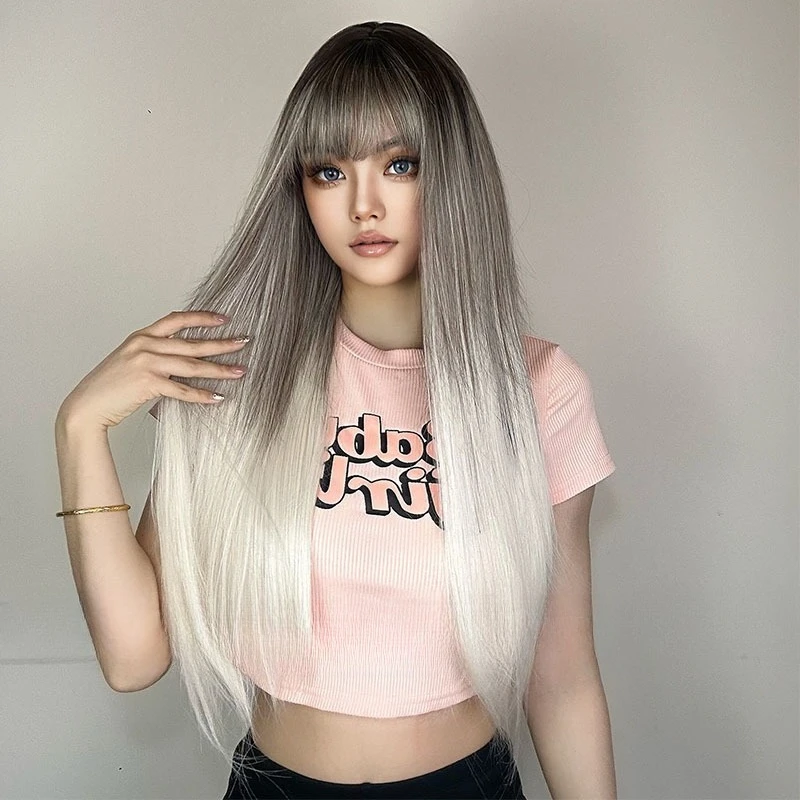 تغيير تدريجيًا، شعر مستعار طويل مستقيم من Qi، شعر مستعار طبيعي مريح وجيد التهوية وملمس رائع #3