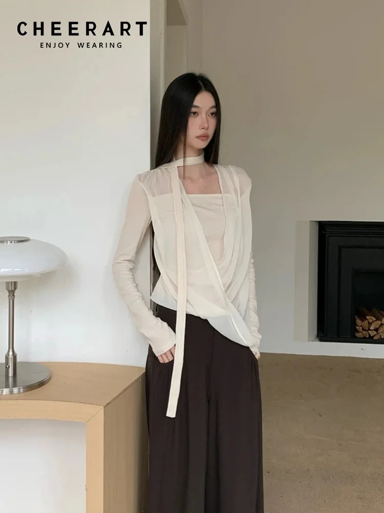 

CHEERART Fake 2 Piece Long Sleeve Tops For Woman Blouse Beige Knitted Top Fall 2025 Fashion Designer Woman Clothing