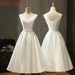 New Style Simple Satin V-neck Wedding Dresses Tea Length Sleeveless Wedding Dress For Bride Vestido De Novias 2022